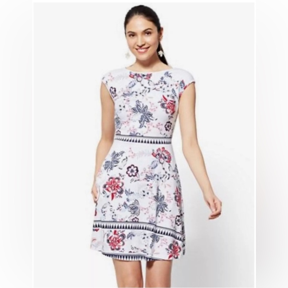 NewYork & Company Knee Length White Floral Dress with Pocket